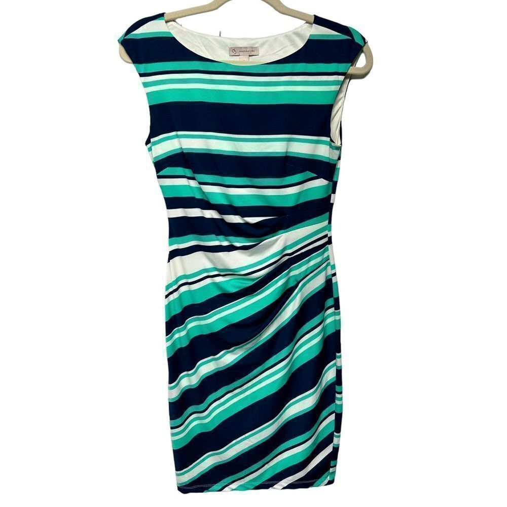 Dress Barn Light Blue Dark Blue White Stripes Sleeveless Bodycon Dress Ruched